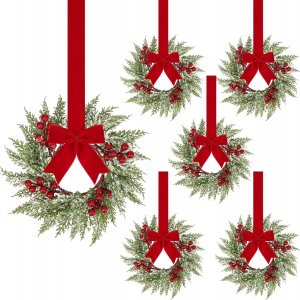 Besteek 6 Pcs Small Christmas Wreath, 11 Inch Mini Wreaths for Cabinets with Ribbon Bow Red Berry for Kitchen Window Door Chair Fireplace Indoor Outdoor Xmas Farmhouse Decorations