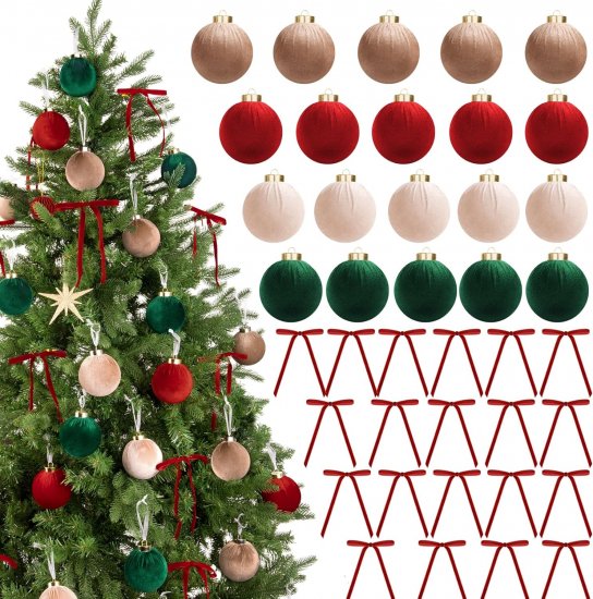 Besteek 40 Pcs Velvet Christmas Tree Ornaments Set, 3.15 Inch 20 Flocked Christmas Balls & 20 Velevt Bows Shatterproof Neutral Large Hanging Ornaments for Xmas Tree Home Decorations, Red Green - Click Image to Close