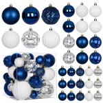 Besteek 33 Pcs Navy Blue Christmas Tree Ornaments Set, Blue White Silver Christmas Ornaments Shatterproof Plastic Decorative Hanging Balls Xmas Tree Decorations for Wedding Holiday Party Home Decor