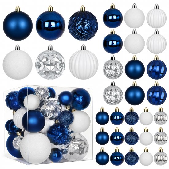 Besteek 33 Pcs Navy Blue Christmas Tree Ornaments Set, Blue White Silver Christmas Ornaments Shatterproof Plastic Decorative Hanging Balls Xmas Tree Decorations for Wedding Holiday Party Home Decor - Click Image to Close