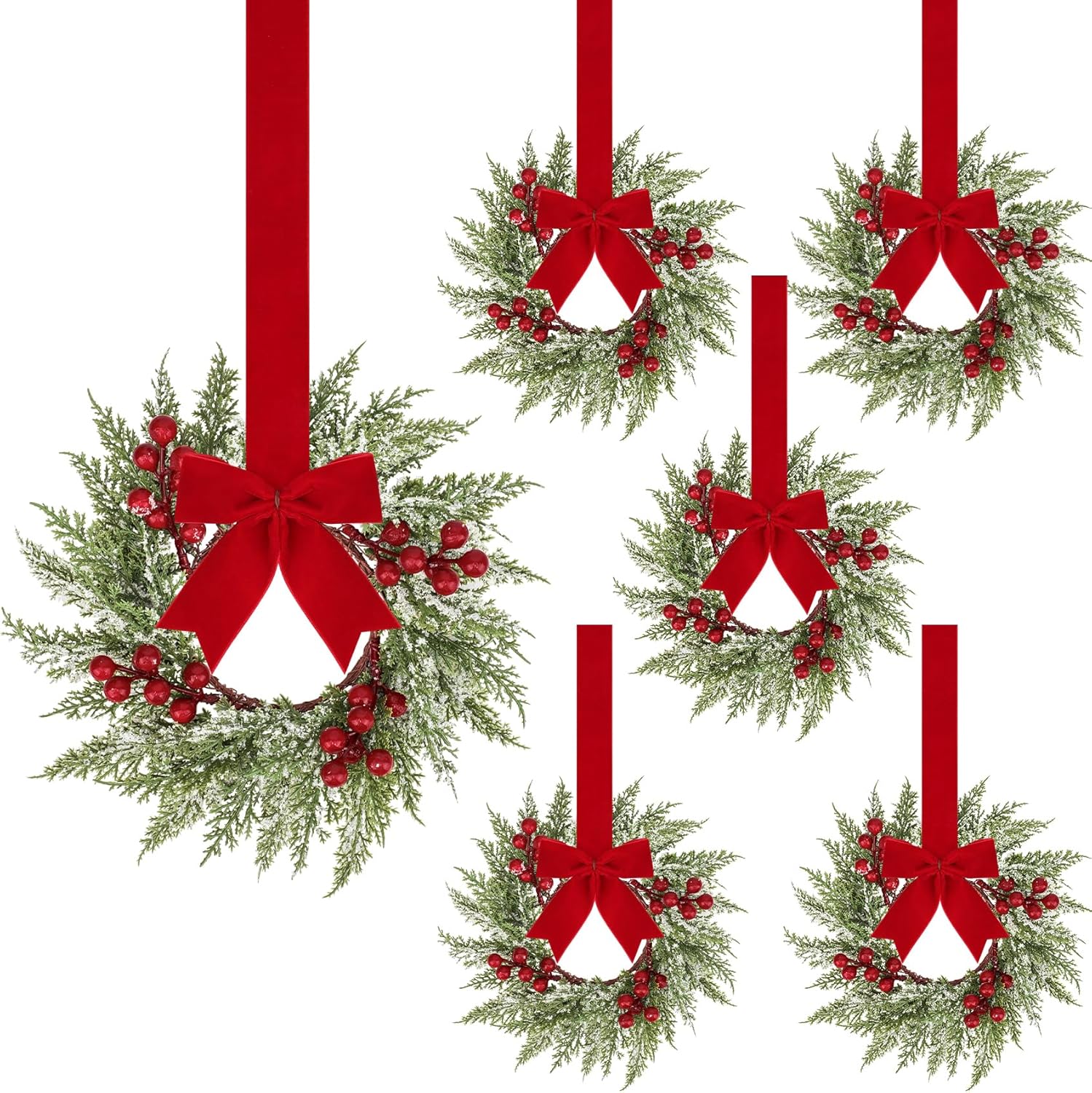 Besteek 6 Pcs Small Christmas Wreath, 11 Inch Mini Wreaths for Cabinets with Ribbon Bow Red Berry for Kitchen Window Door Chair Fireplace Indoor Outdoor Xmas Farmhouse Decorations