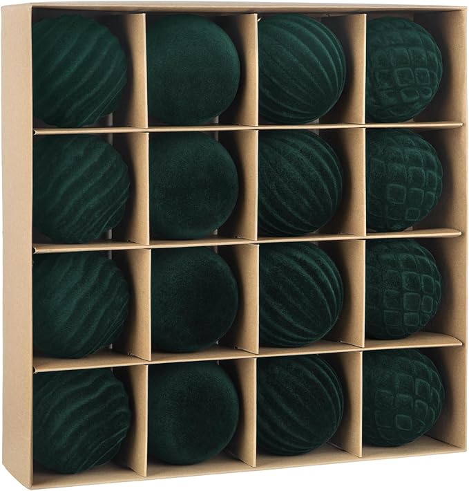 Besteek16 Pcs Velvet Christmas Ornaments Set, 3.15 Inch Green Velvet Ornaments for Christmas Tree Decorations Shatterproof Flocked Hanging Balls for Xmas Holiday Party Wedding Home Decor