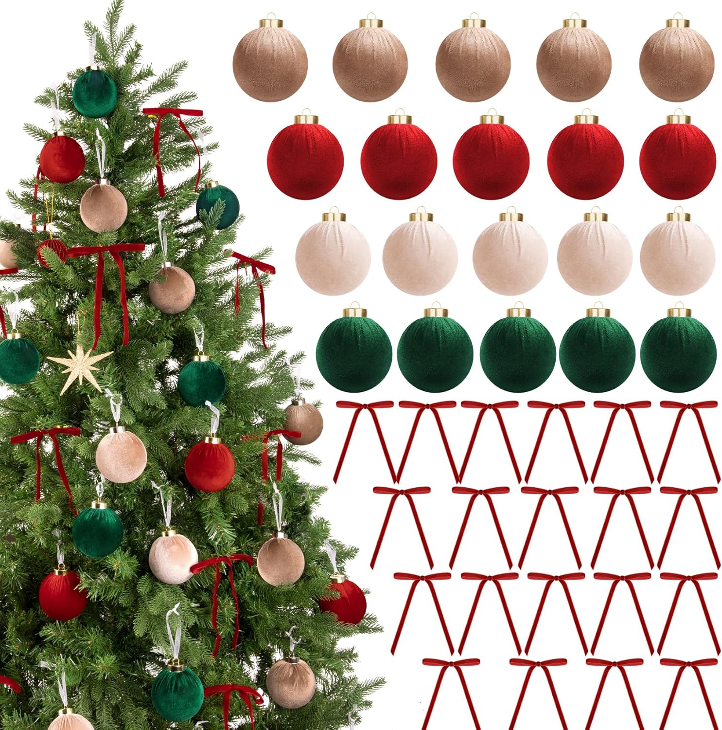 Besteek 40 Pcs Velvet Christmas Tree Ornaments Set, 3.15 Inch 20 Flocked Christmas Balls & 20 Velevt Bows Shatterproof Neutral Large Hanging Ornaments for Xmas Tree Home Decorations, Red Green