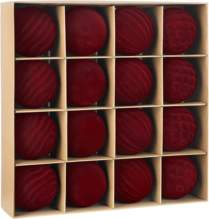 Besteek 16 Pcs Velvet Christmas Ornaments Set, 3.15 Inch Burgundy Velvet Ornaments for Christmas Tree Decorations Shatterproof Flocked Hanging Balls for Xmas Holiday Party Wedding Home Decor